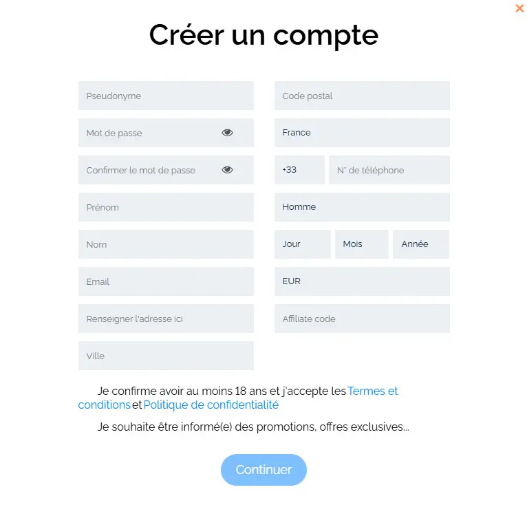 Processus d'inscription WHITE LION CASINO